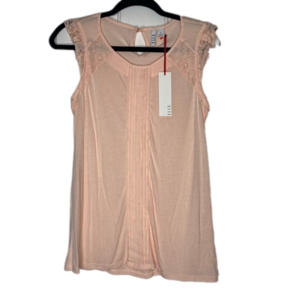 𝅺elle Sleeveless Tank Top Women's Shirt Lace Pleats Mesh Millennial Powder Pink